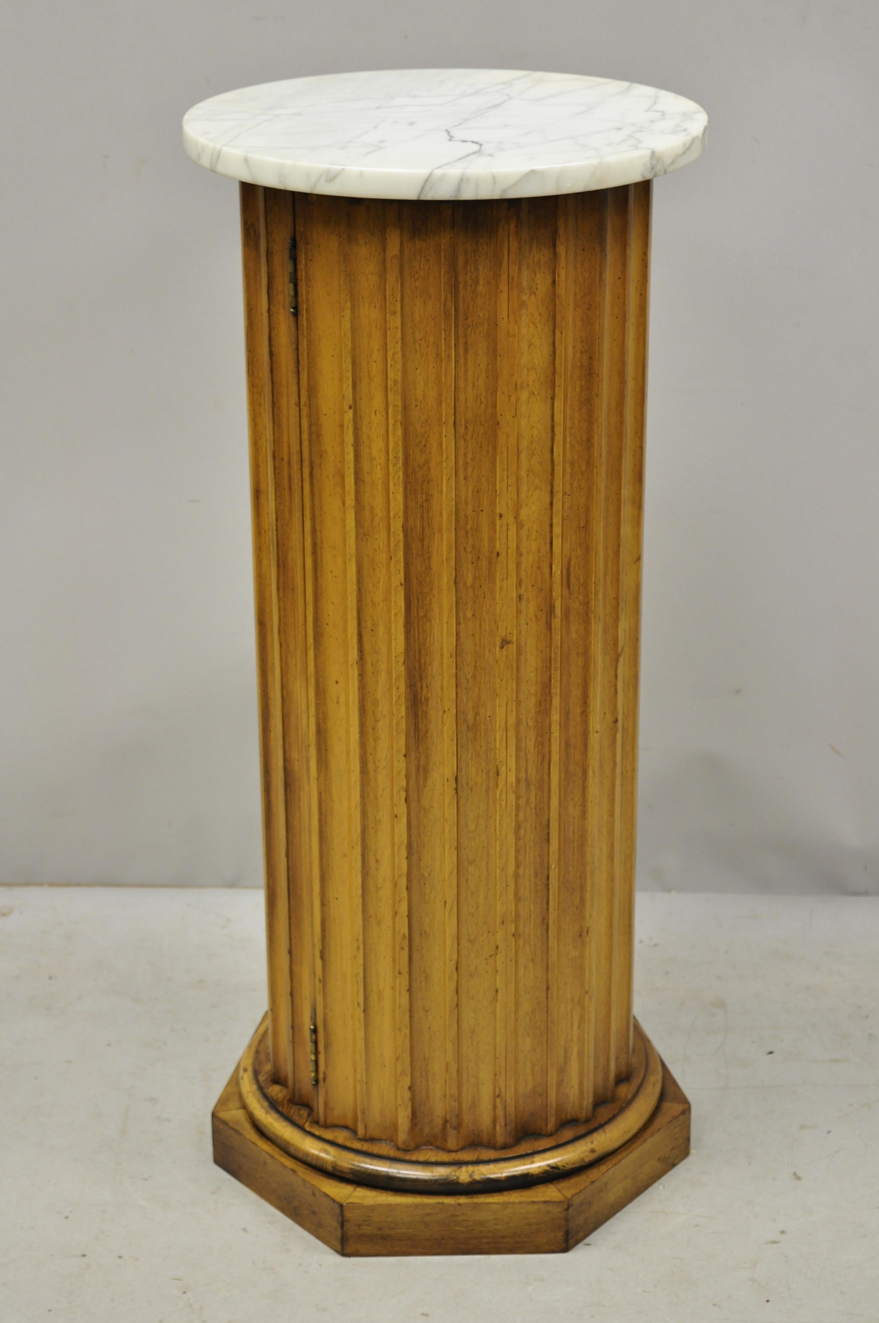 Vintage Carved Wood Fluted Pedestal Plant Stand Cabinet with Round Marble Top 4