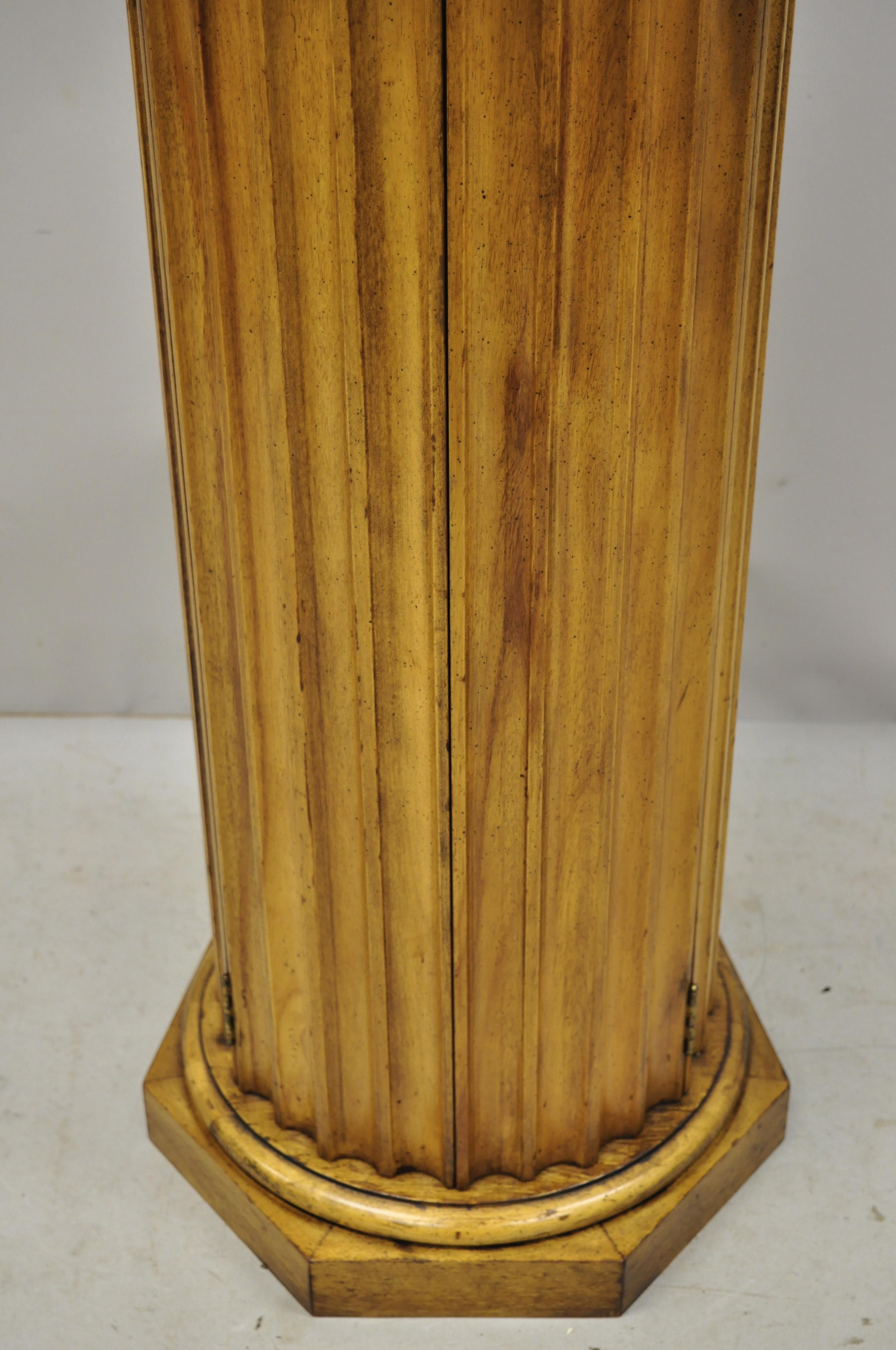 American Classical Vintage Carved Wood Fluted Pedestal Plant Stand Cabinet with Round Marble Top