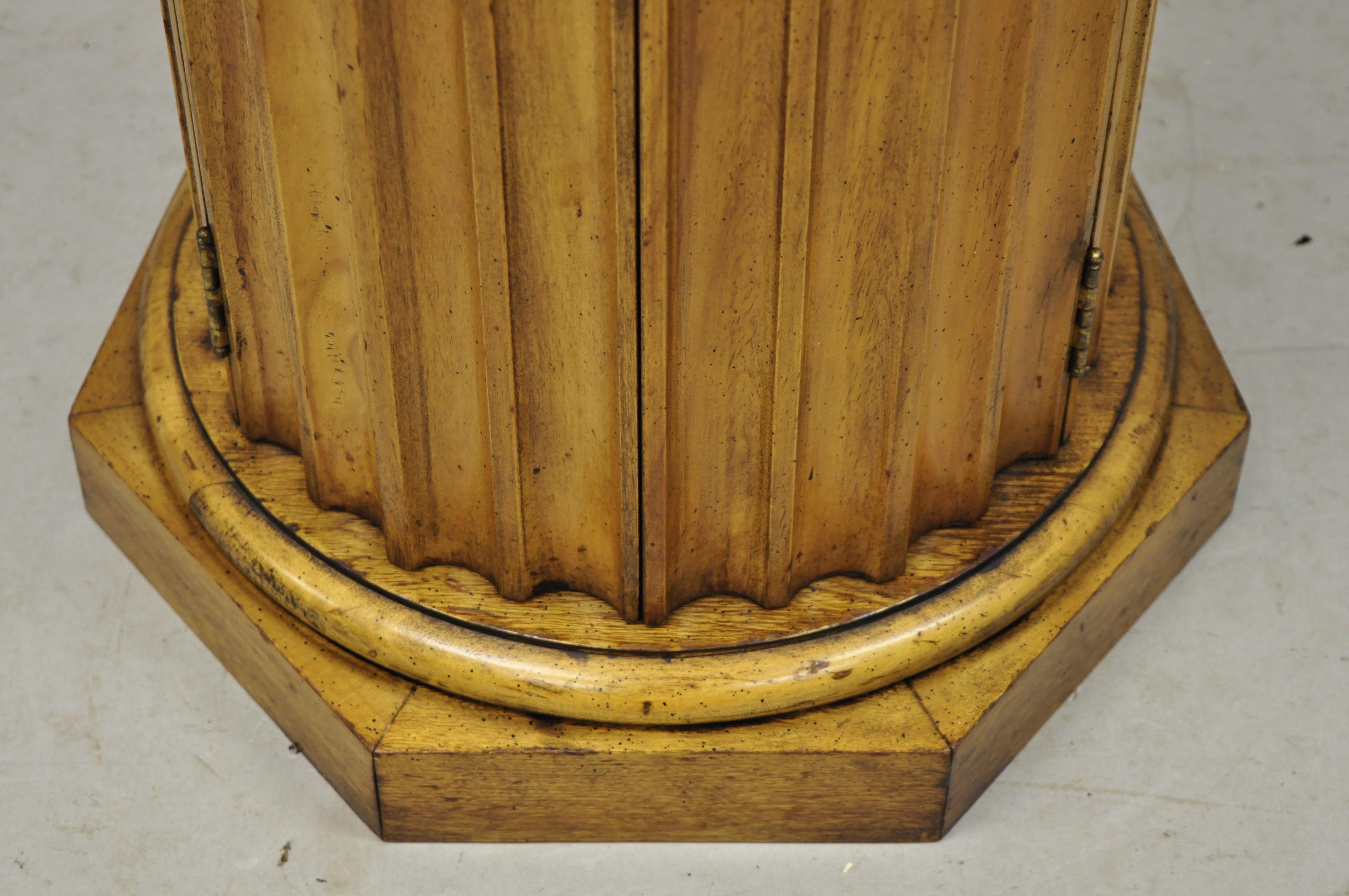 Vintage Carved Wood Fluted Pedestal Plant Stand Cabinet with Round Marble Top In Good Condition In Philadelphia, PA