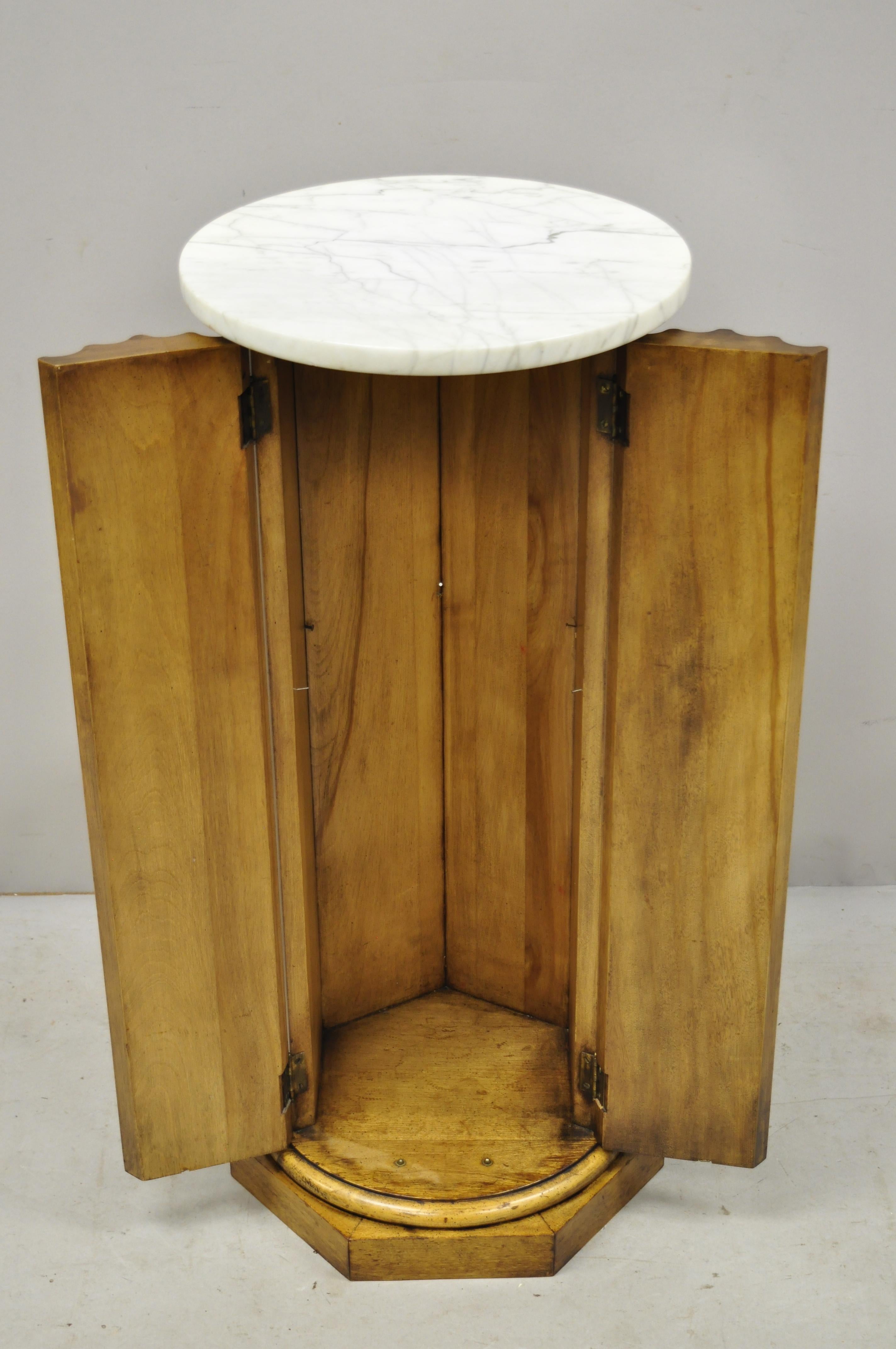 20th Century Vintage Carved Wood Fluted Pedestal Plant Stand Cabinet with Round Marble Top