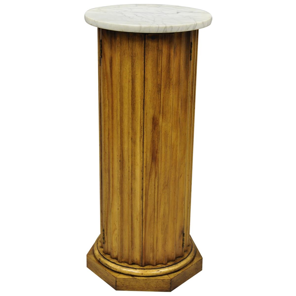 Vintage Carved Wood Fluted Pedestal Plant Stand Cabinet with Round Marble Top