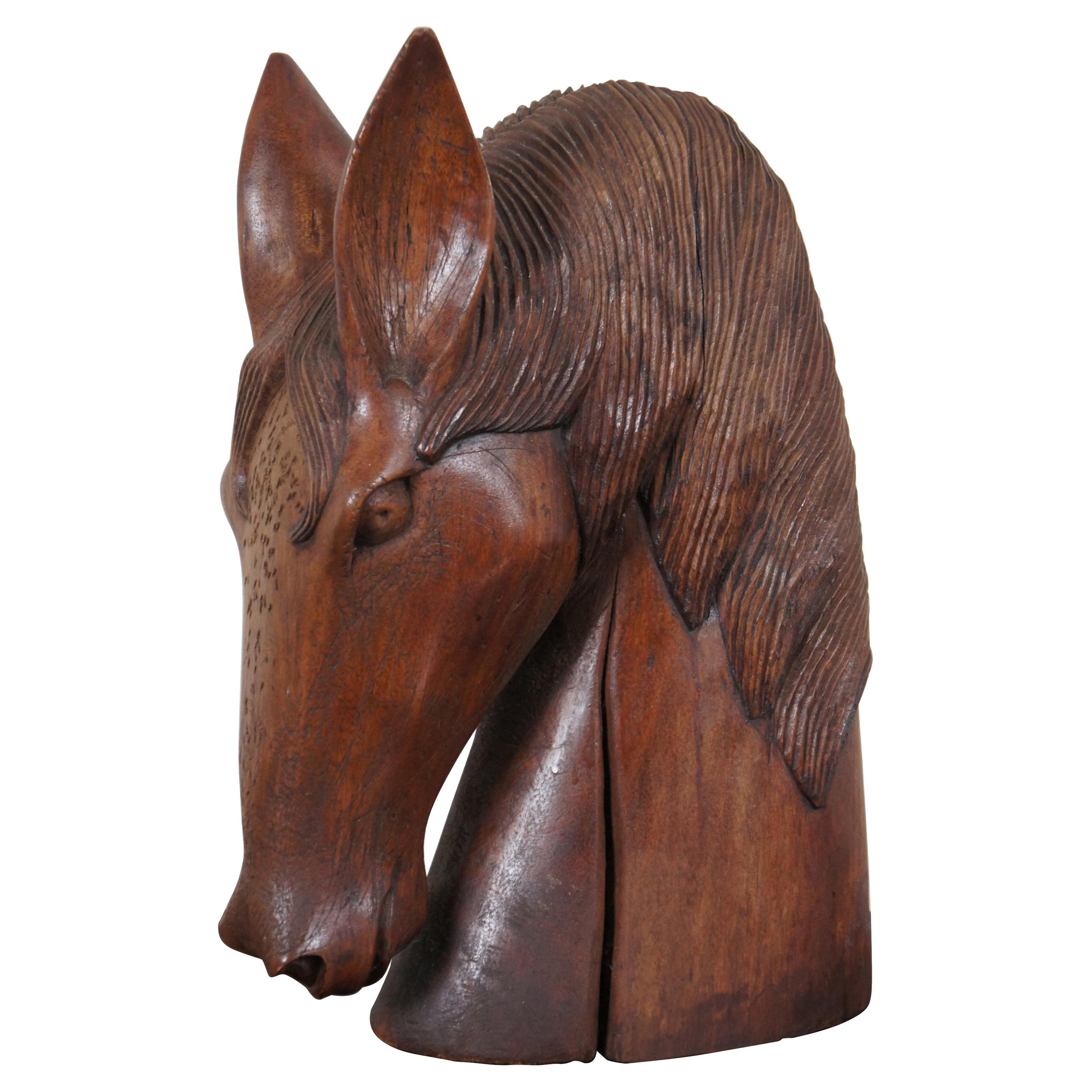 Vintage Carved Wood Folk Art Horse Head Bust Art Sculpture Equestrian Artisan
