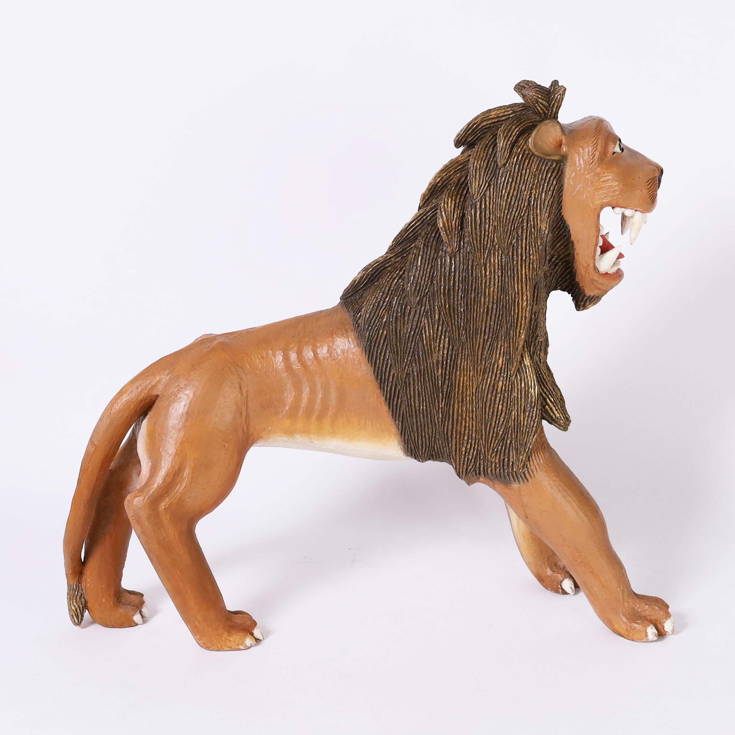 Hand-Carved Vintage Carved Wood Folk Art Lion For Sale