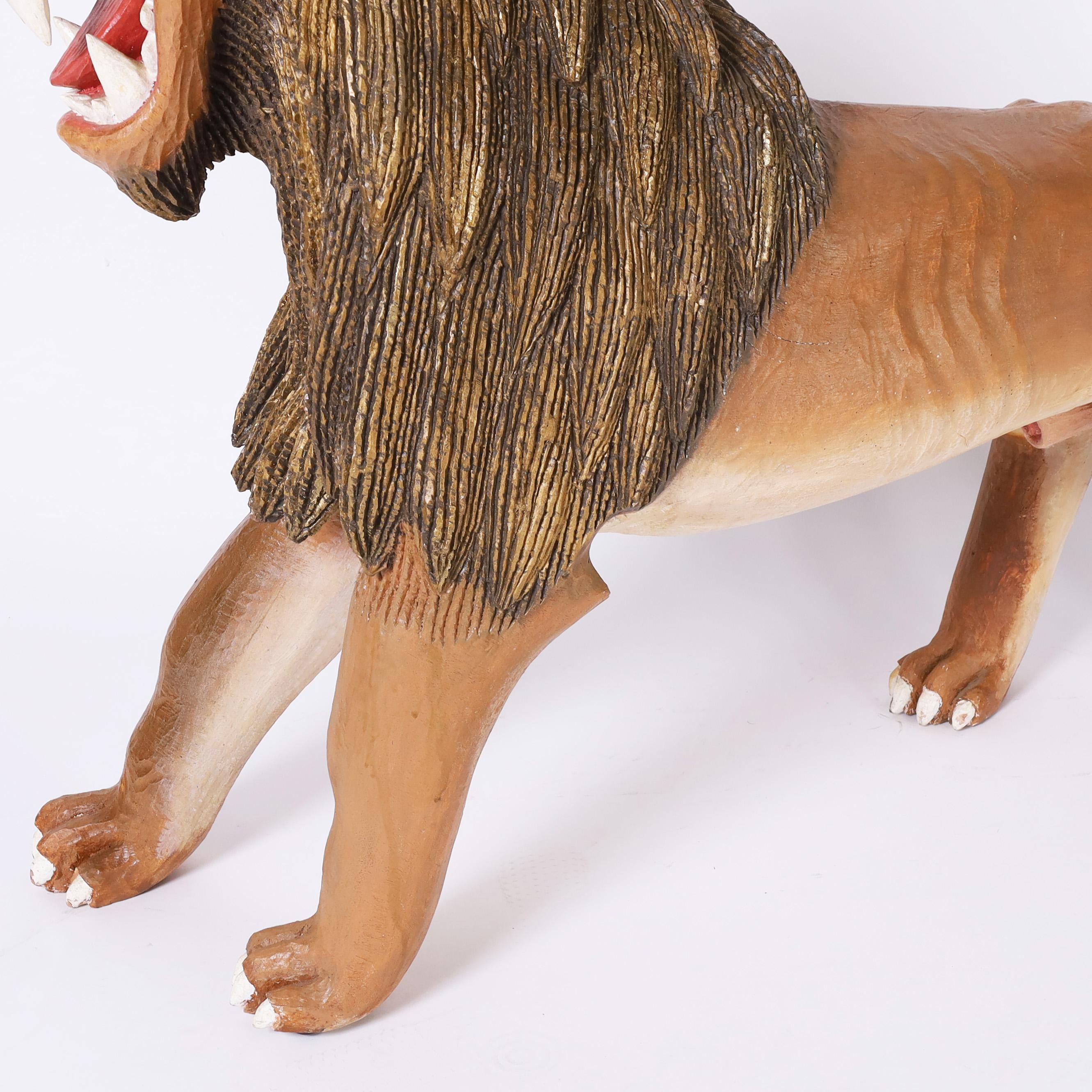 Hardwood Vintage Carved Wood Folk Art Lion For Sale