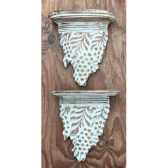 Vintage Carved Wood Grape Wall Brackets - Pair