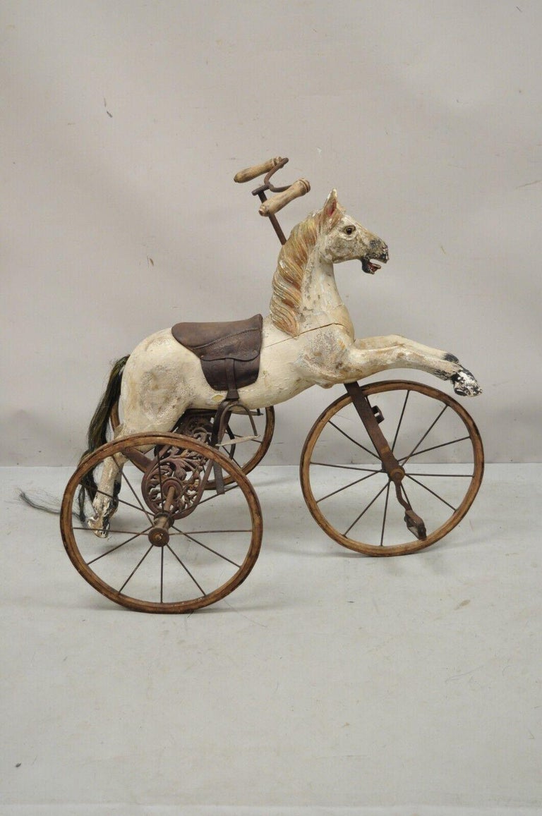 Vintage Carved Wood Hobby Horse Wooden Tricycle Bike Bicycle For Sale