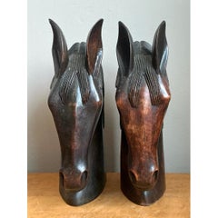 Vintage Carved Wood Horse Head Sculptures - Pair