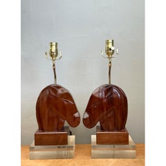 Vintage Carved Wood Horse Lamps on Lucite Base - A Pair