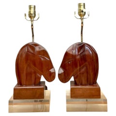 Vintage Carved Wood Horse Lamps on Lucite Base - A Pair