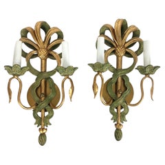 Vintage Carved Wood Italain Gold Leaves Wall Sconces