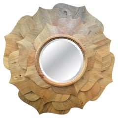 Vintage Carved Wood Lotus Blossom Beveled Mirror
