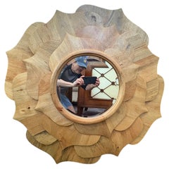 Vintage Carved Wood Lotus Blossom Beveled Mirror