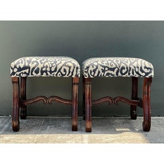 Vintage Carved Wood Low Stools - A Pair