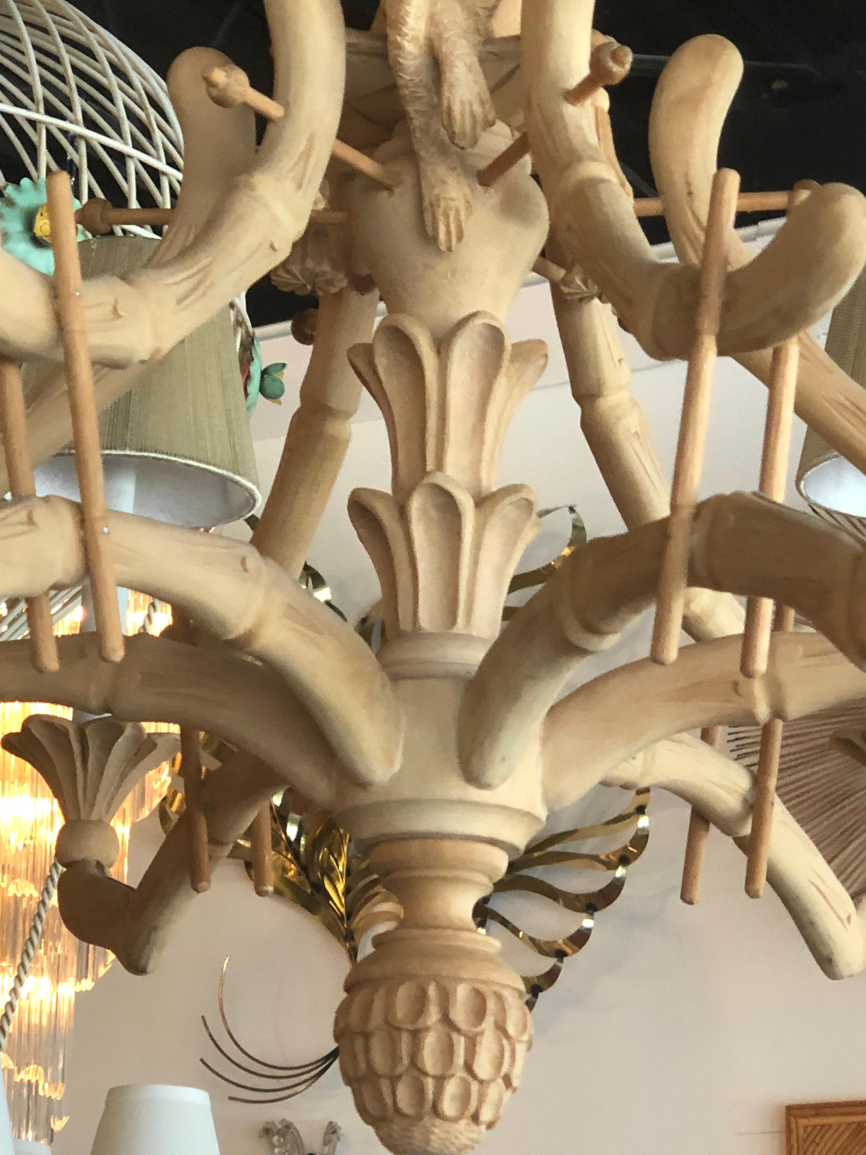 Vintage Carved Wood Monkey Pagoda Chandelier Tassels Bells Faux Bamboo Tropical 1