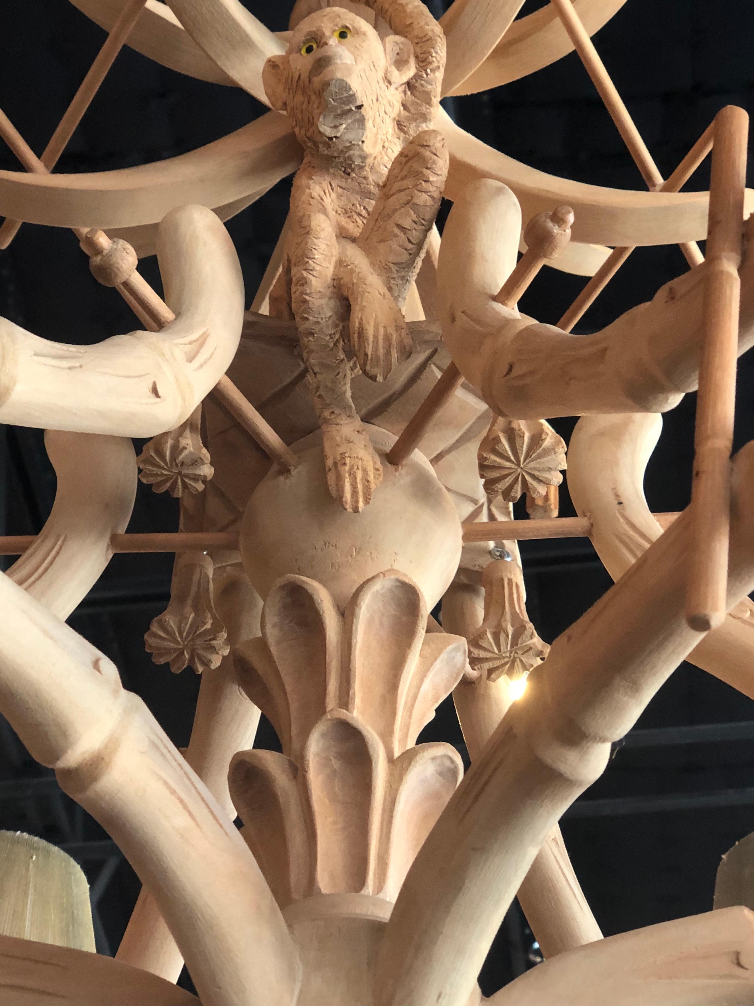 Vintage Carved Wood Monkey Pagoda Chandelier Tassels Bells Faux Bamboo Tropical 4
