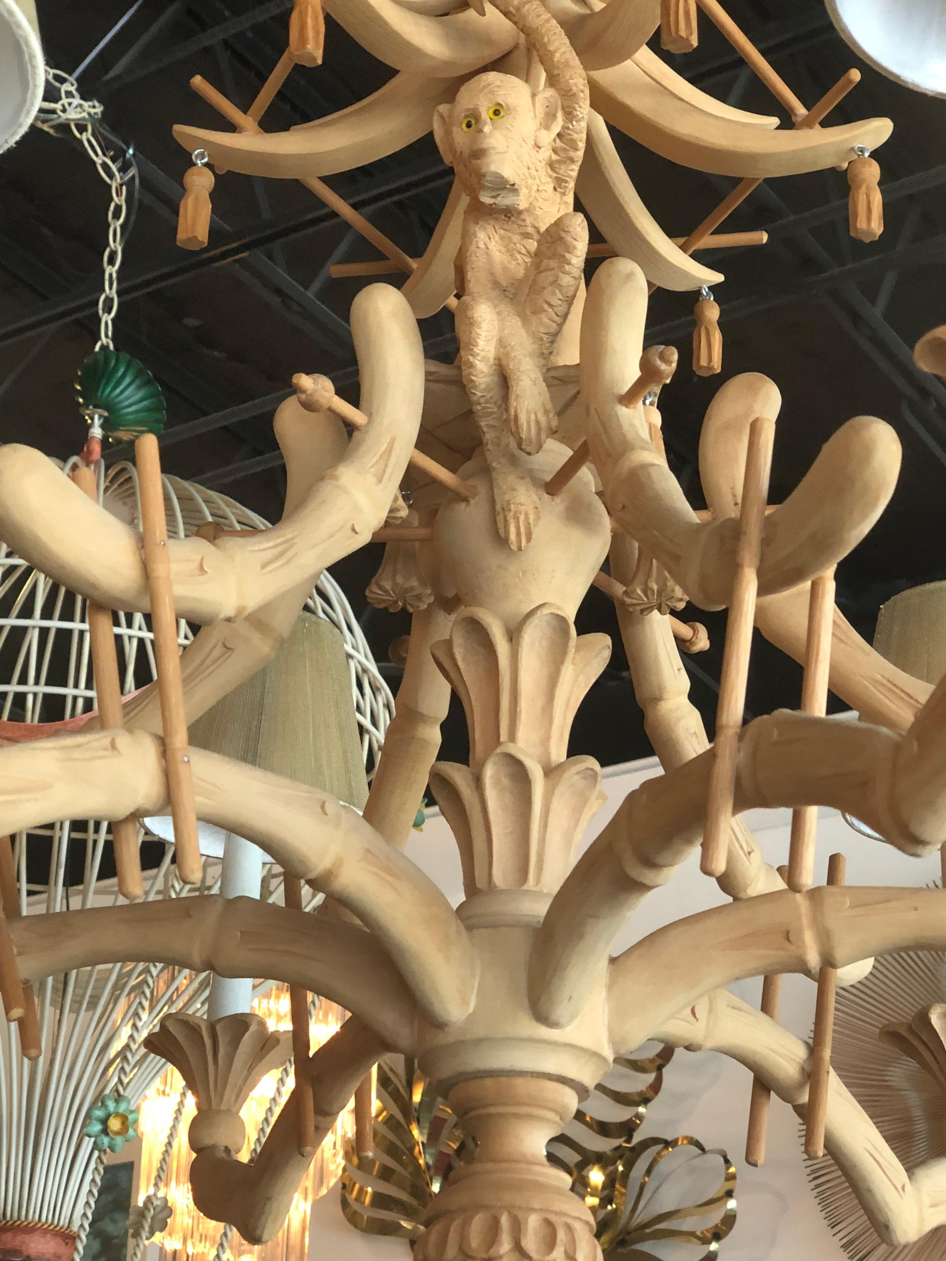 Hollywood Regency Vintage Carved Wood Monkey Pagoda Chandelier Tassels Bells Faux Bamboo Tropical