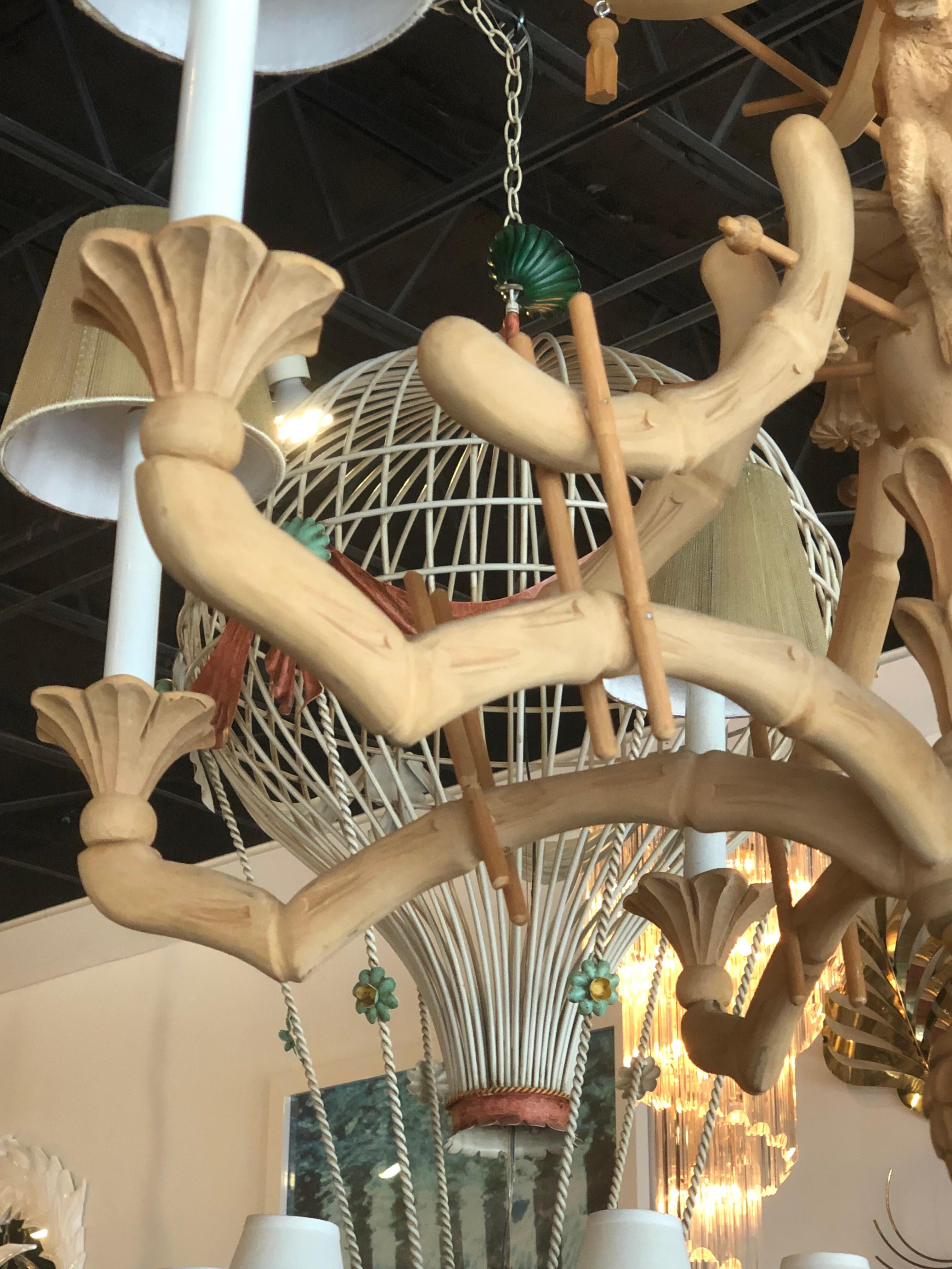 American Vintage Carved Wood Monkey Pagoda Chandelier Tassels Bells Faux Bamboo Tropical