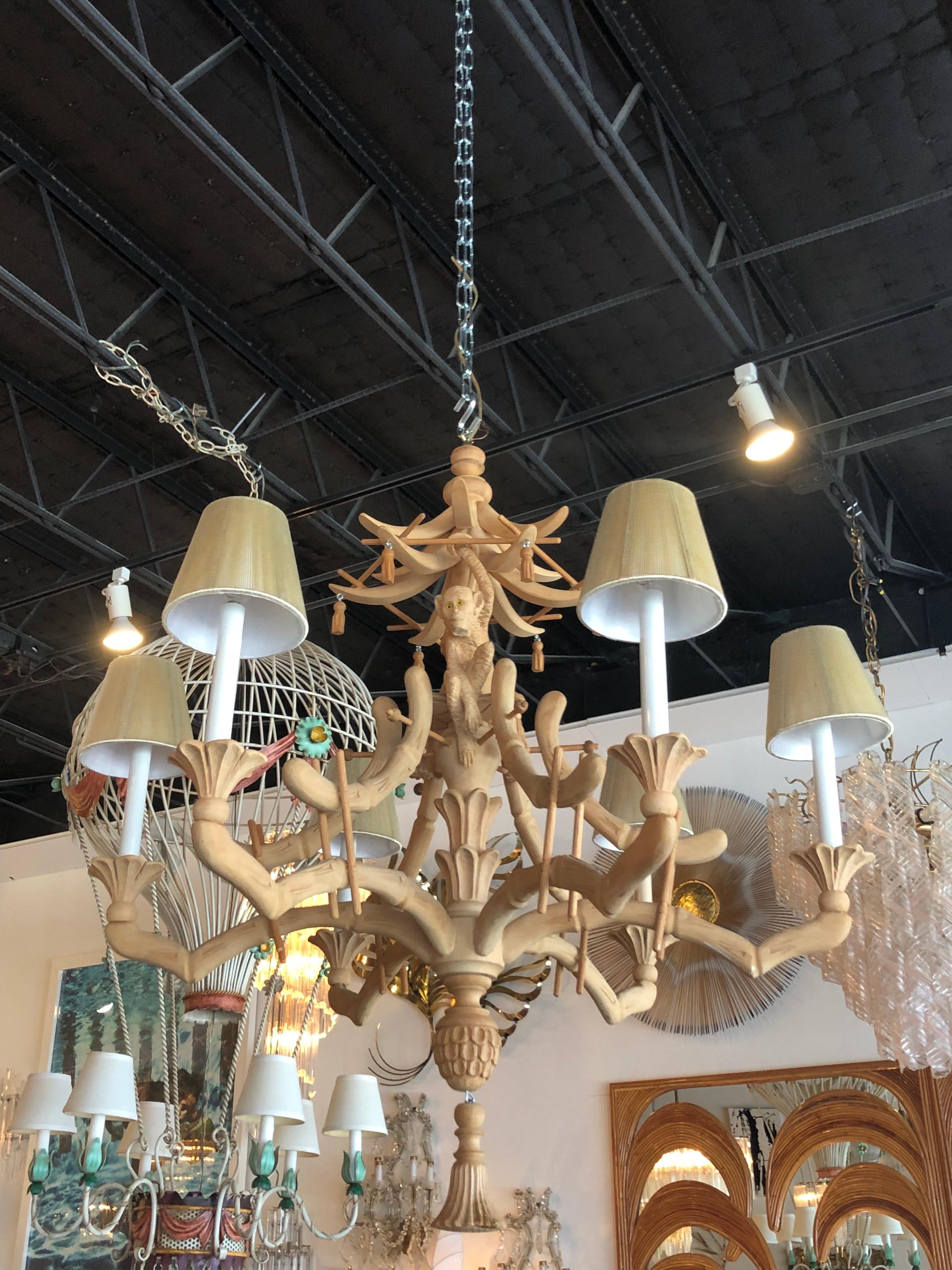 Late 20th Century Vintage Carved Wood Monkey Pagoda Chandelier Tassels Bells Faux Bamboo Tropical