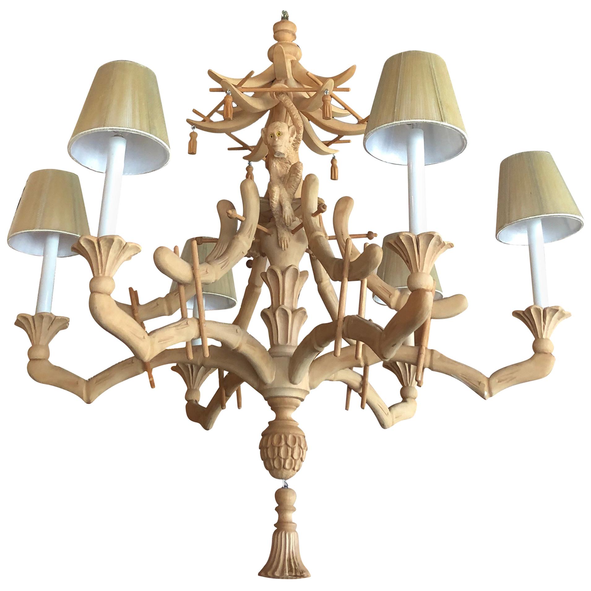Vintage Carved Wood Monkey Pagoda Chandelier Tassels Bells Faux Bamboo Tropical
