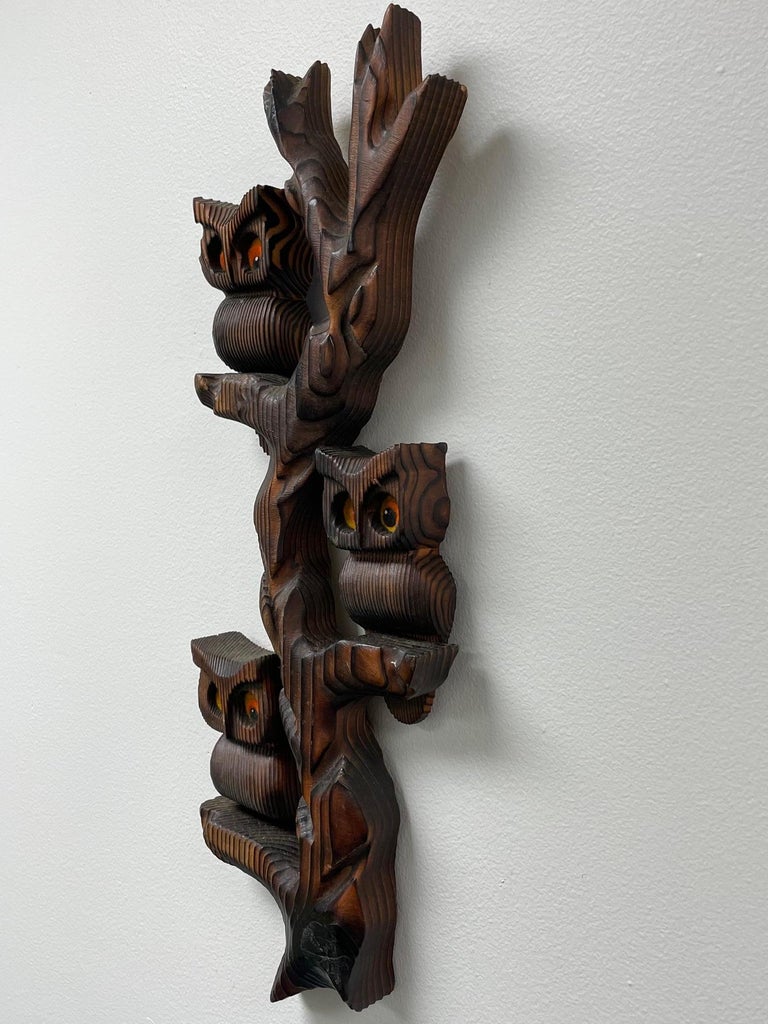 Vintage Carved Wood Owl Branch Wall Hanging For Sale at 1stDibs