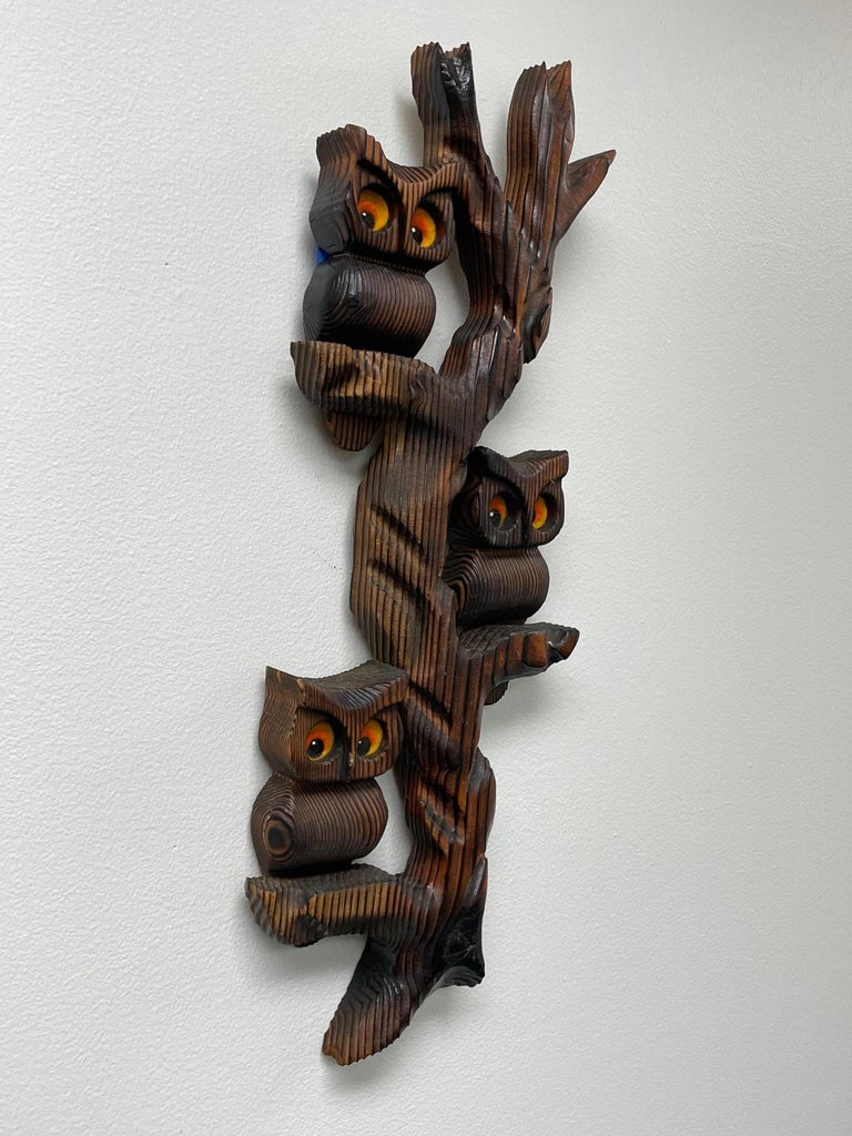 Vintage Carved Wood Owl Branch Wall Hanging For Sale at 1stDibs
