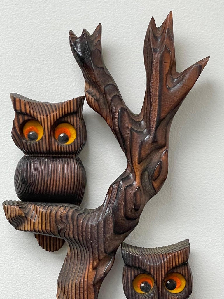 Vintage Carved Wood Owl Branch Wall Hanging For Sale at 1stDibs