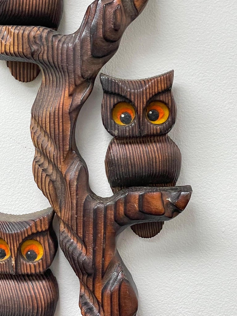 Vintage Carved Wood Owl Branch Wall Hanging For Sale at 1stDibs