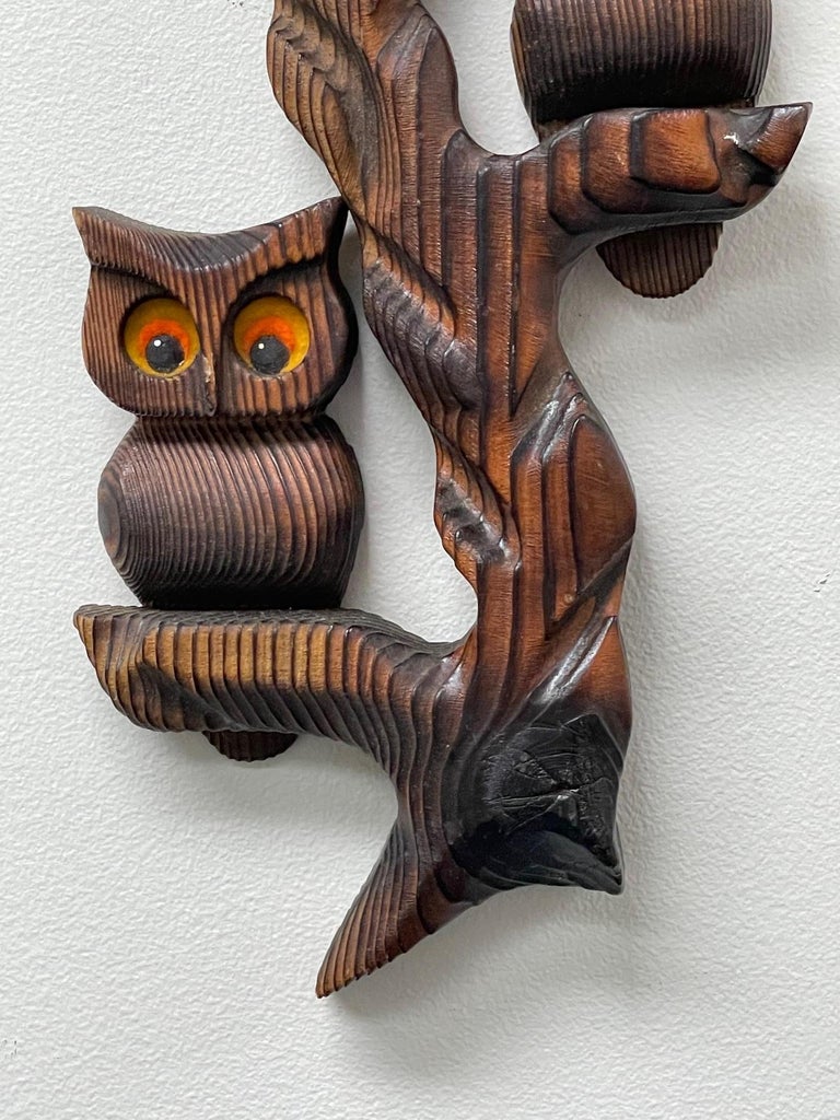 Vintage Carved Wood Owl Branch Wall Hanging For Sale at 1stDibs