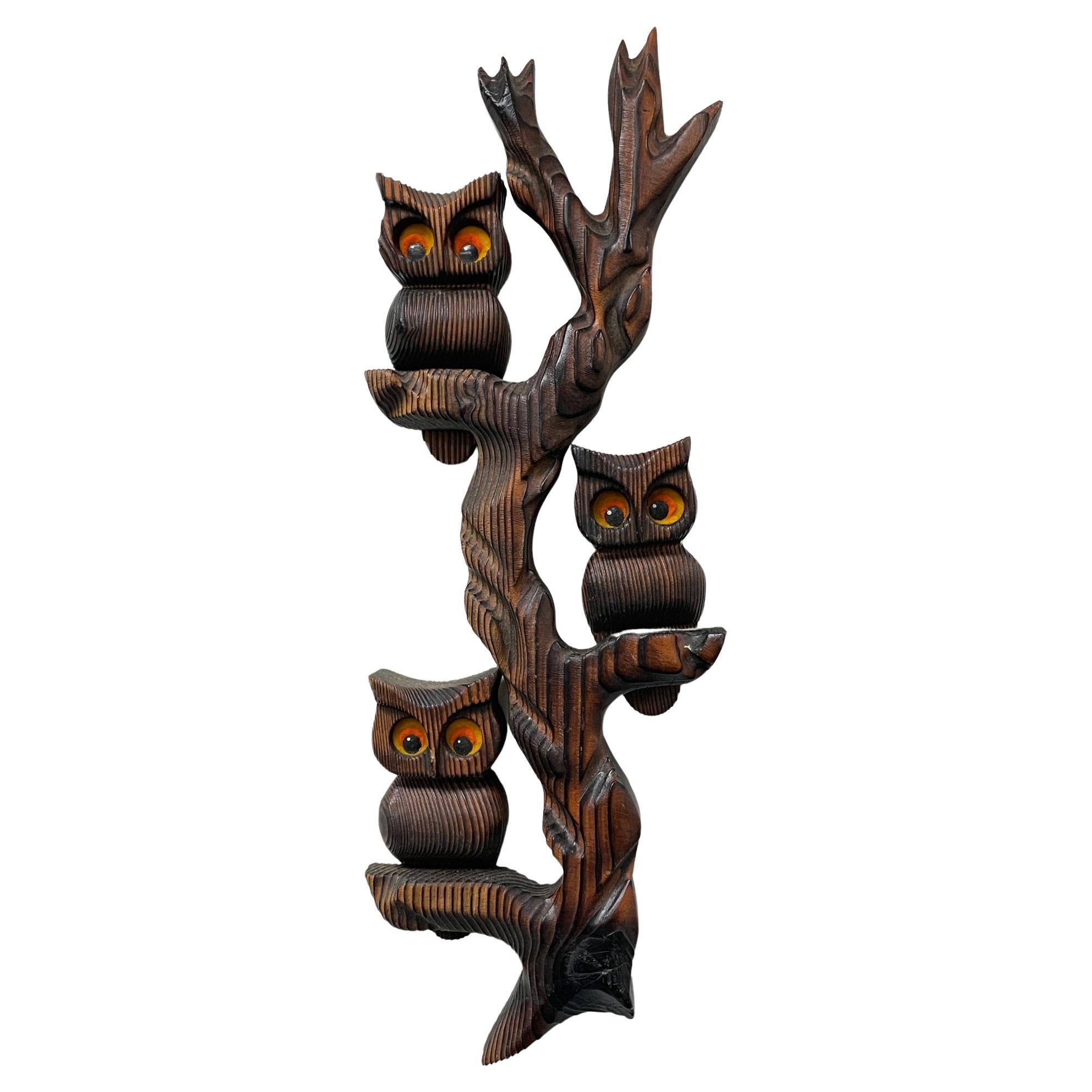 Vintage Carved Wood Owl Branch Wall Hanging