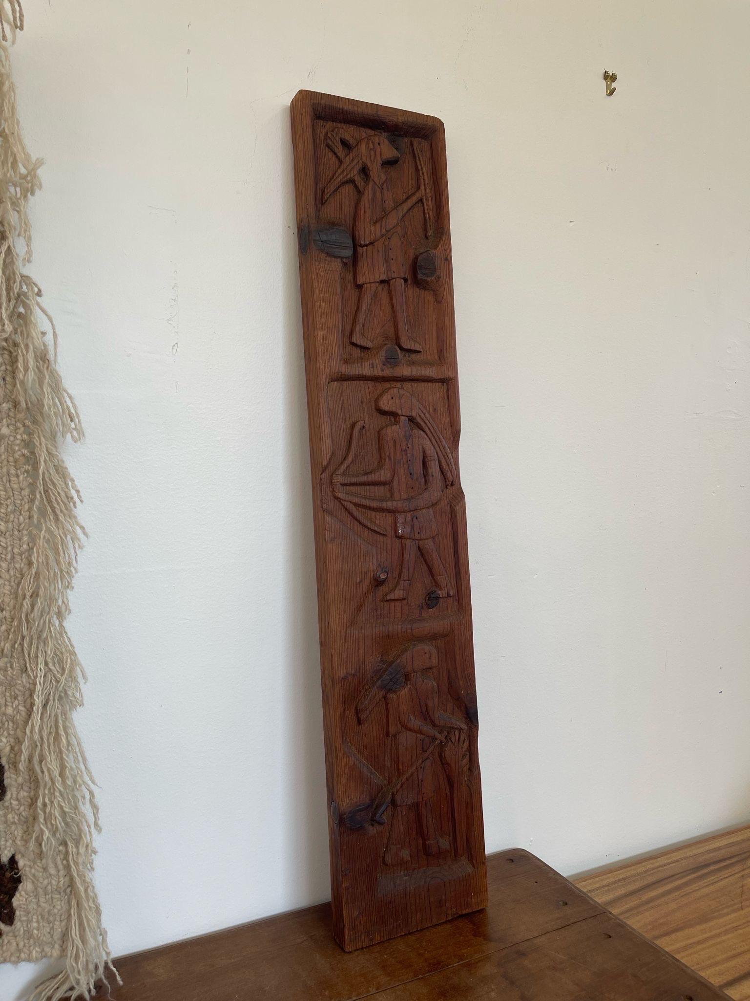 Mid-Century Modern Vintage Carved Wood Panel Figurative Artwork Wall Decor. For Sale