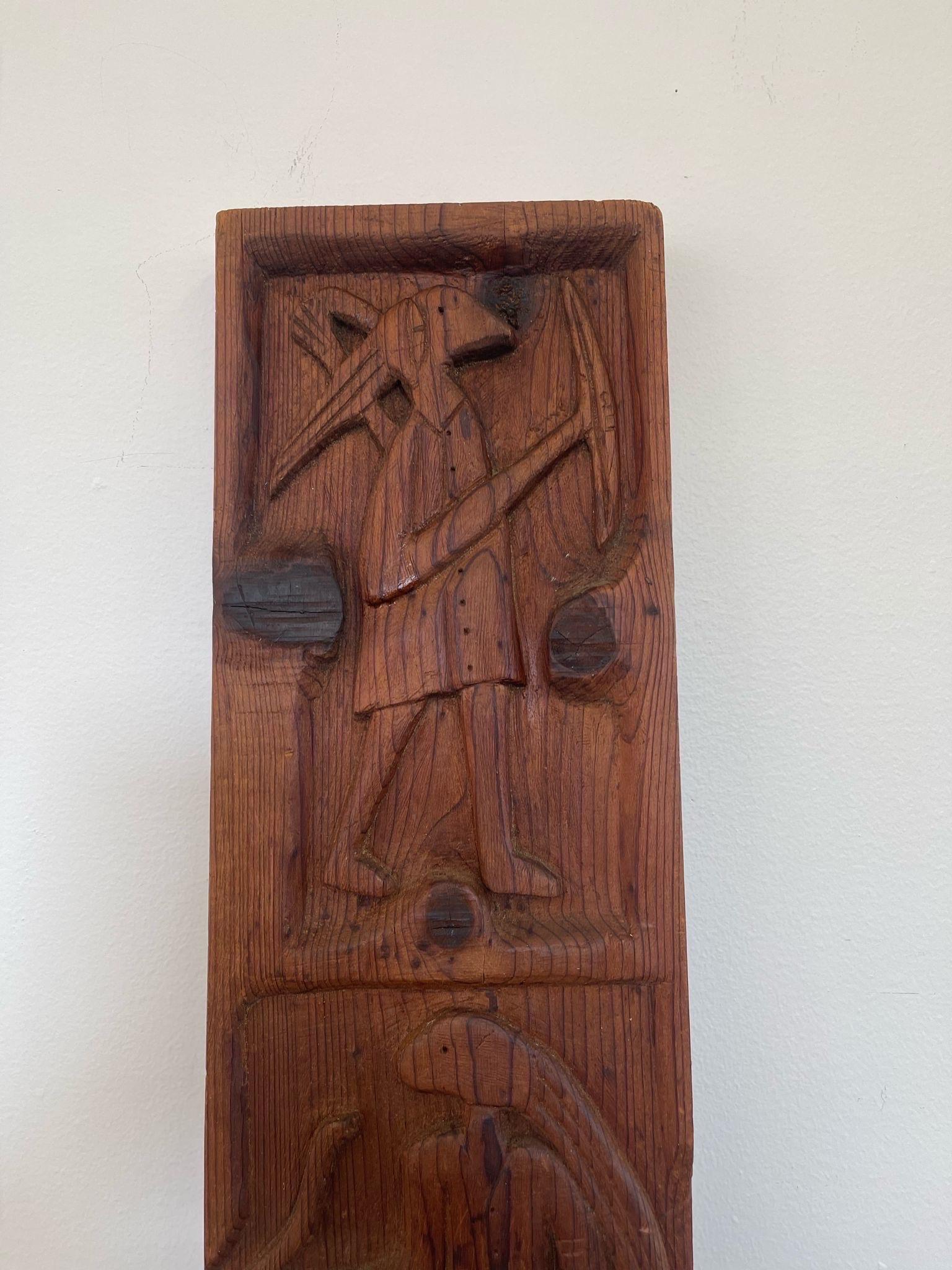 Late 20th Century Vintage Carved Wood Panel Figurative Artwork Wall Decor. For Sale