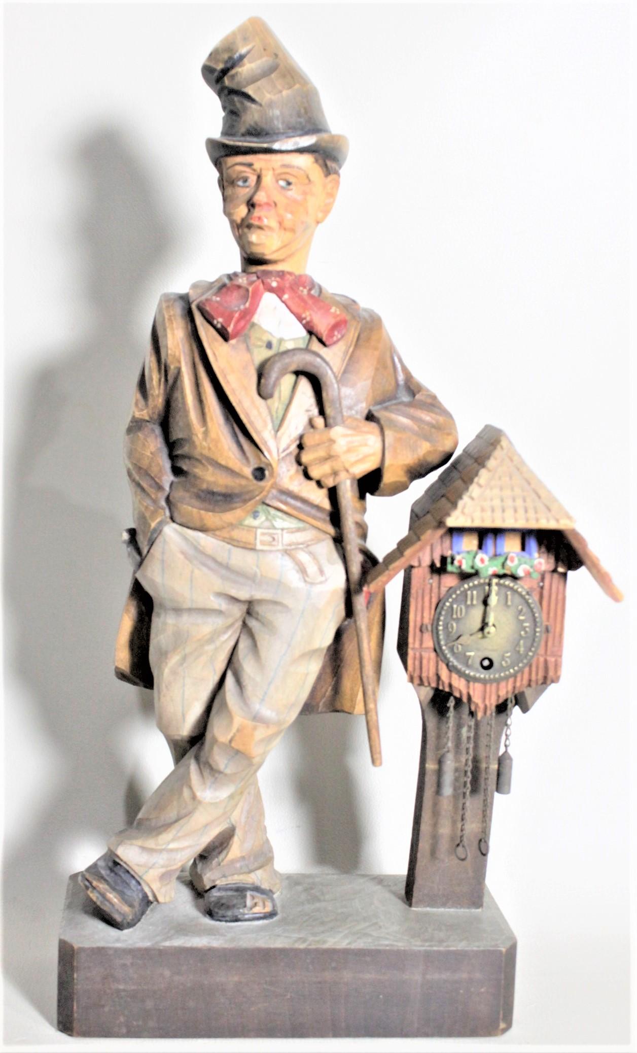 Folk Art Vintage Carved Wood and Poly Chrome Painted Figural Musical Clock Figurine For Sale