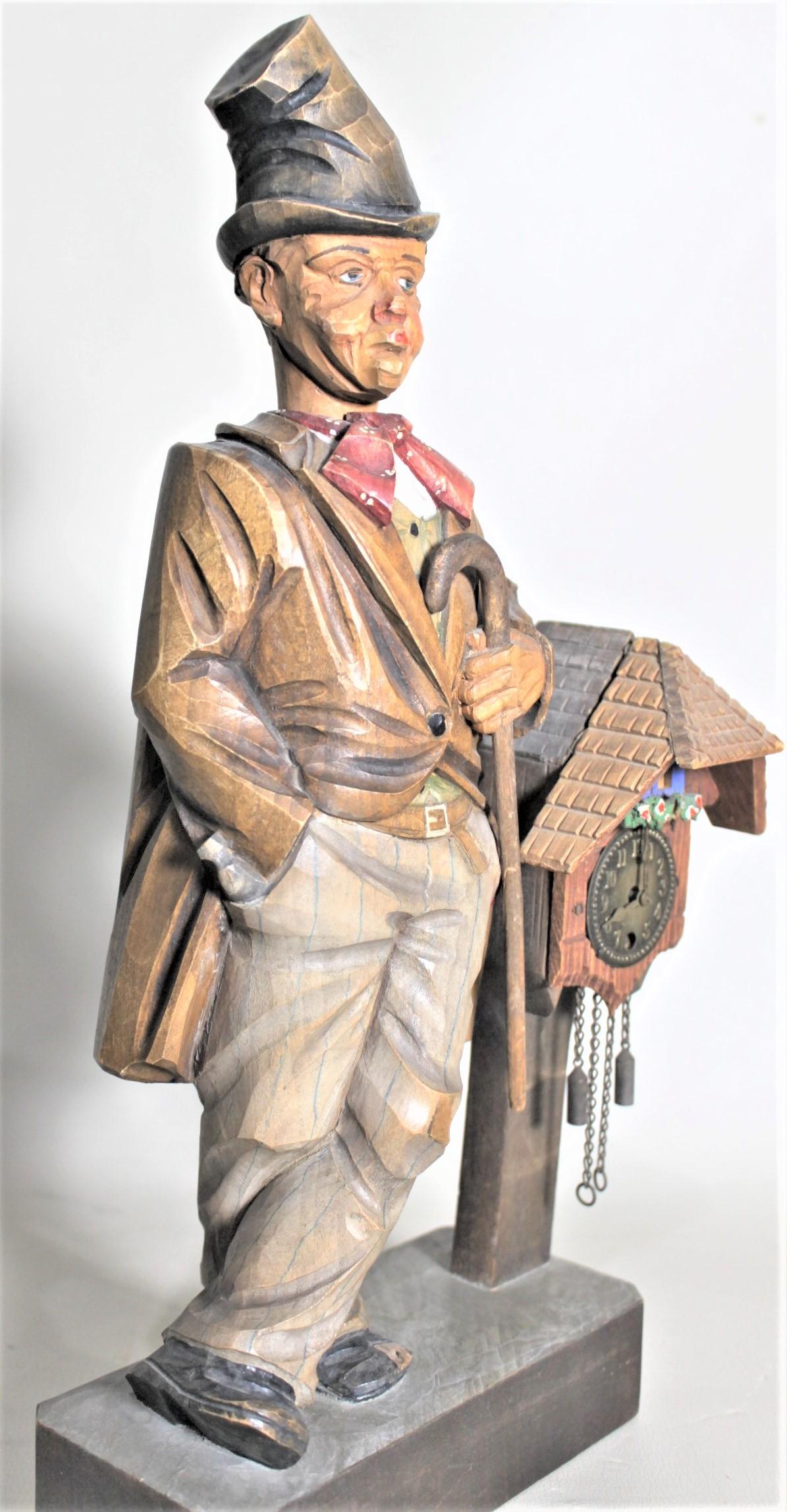 Austrian Vintage Carved Wood and Poly Chrome Painted Figural Musical Clock Figurine For Sale