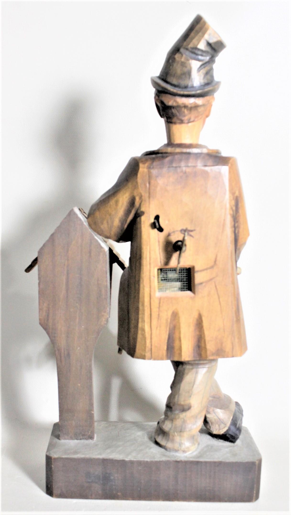 Vintage Carved Wood and Poly Chrome Painted Figural Musical Clock Figurine In Fair Condition For Sale In Hamilton, Ontario