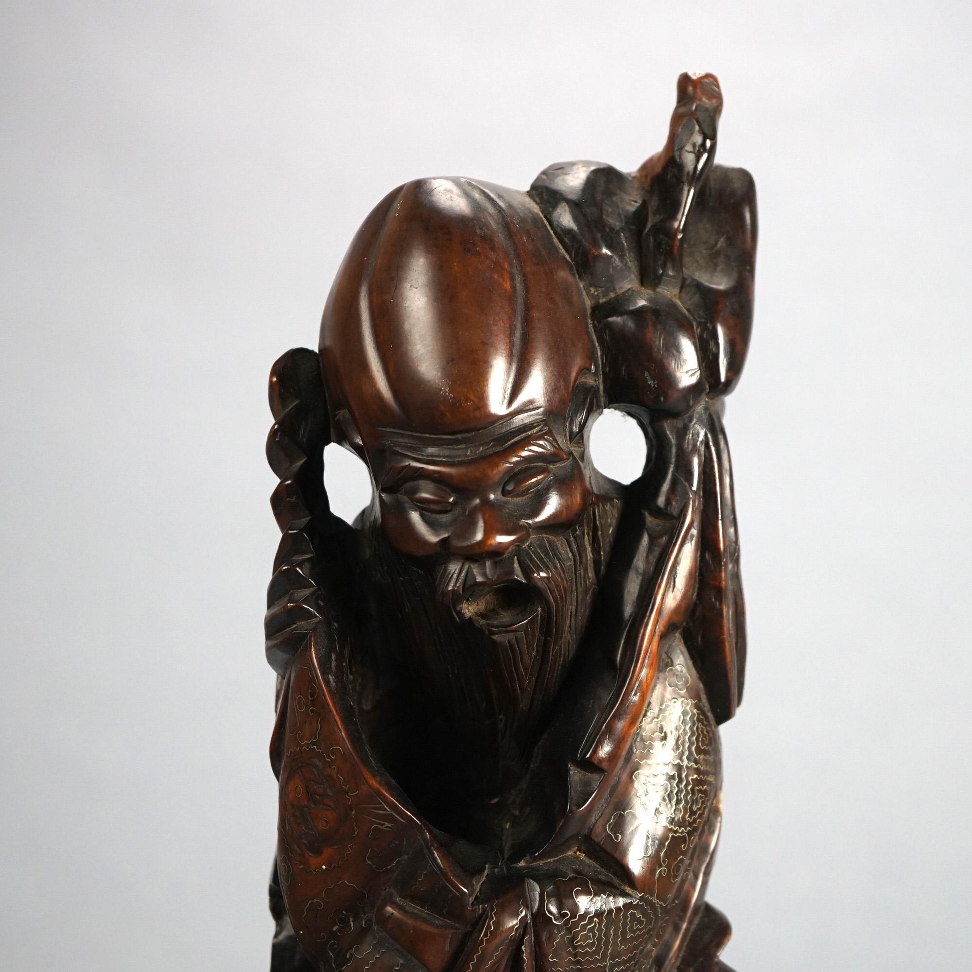 Vintage Carved Wood Statue of the God Fukurokuju C1930 For Sale 1