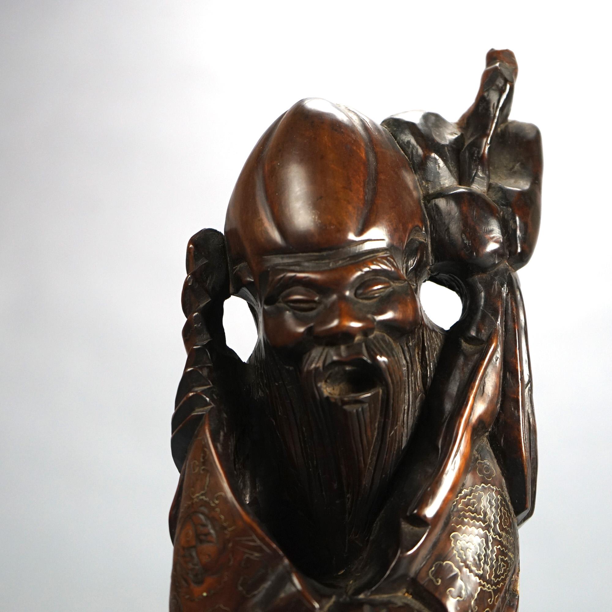 Vintage Carved Wood Statue of the God Fukurokuju C1930 For Sale 2