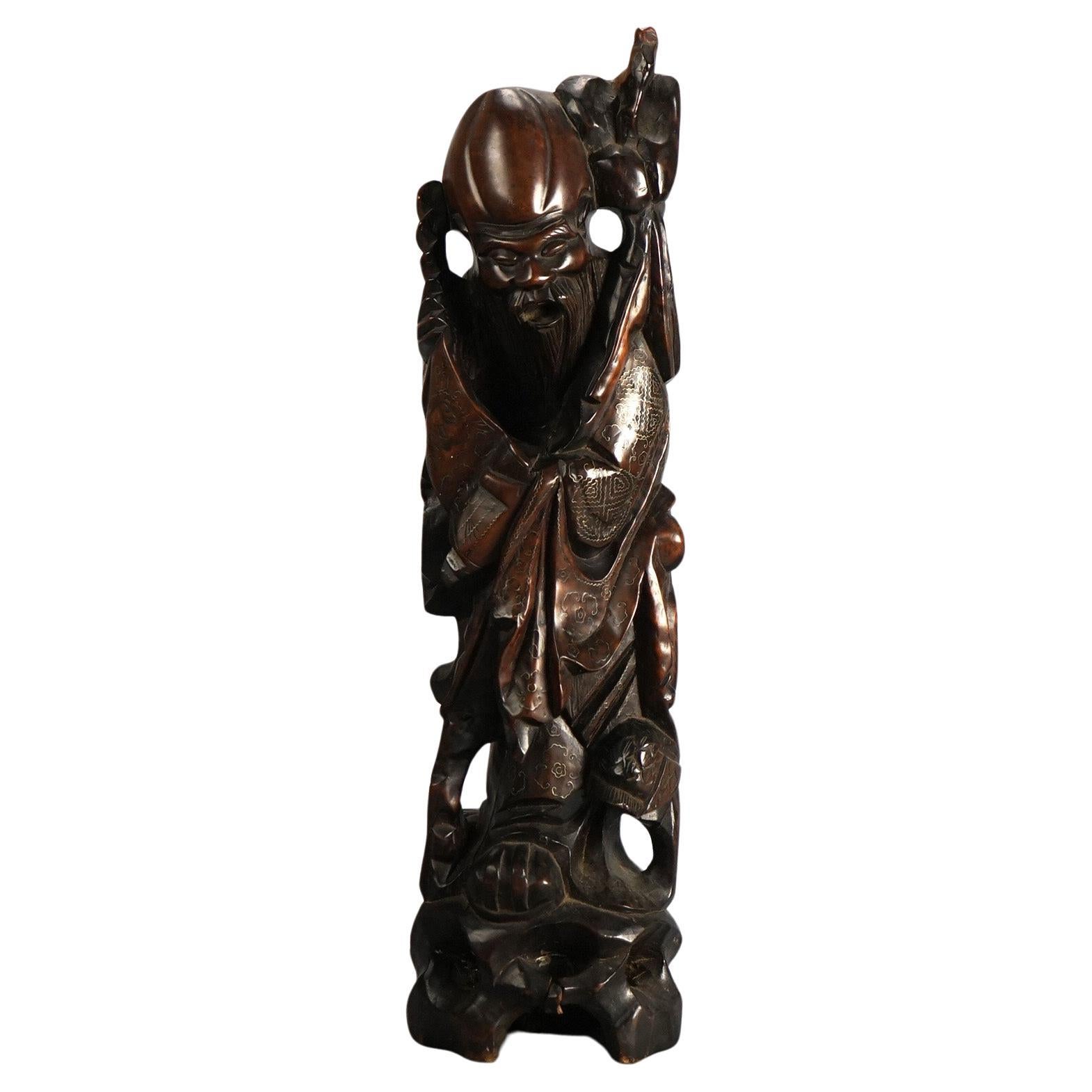 Vintage Carved Wood Statue of the God Fukurokuju C1930 For Sale