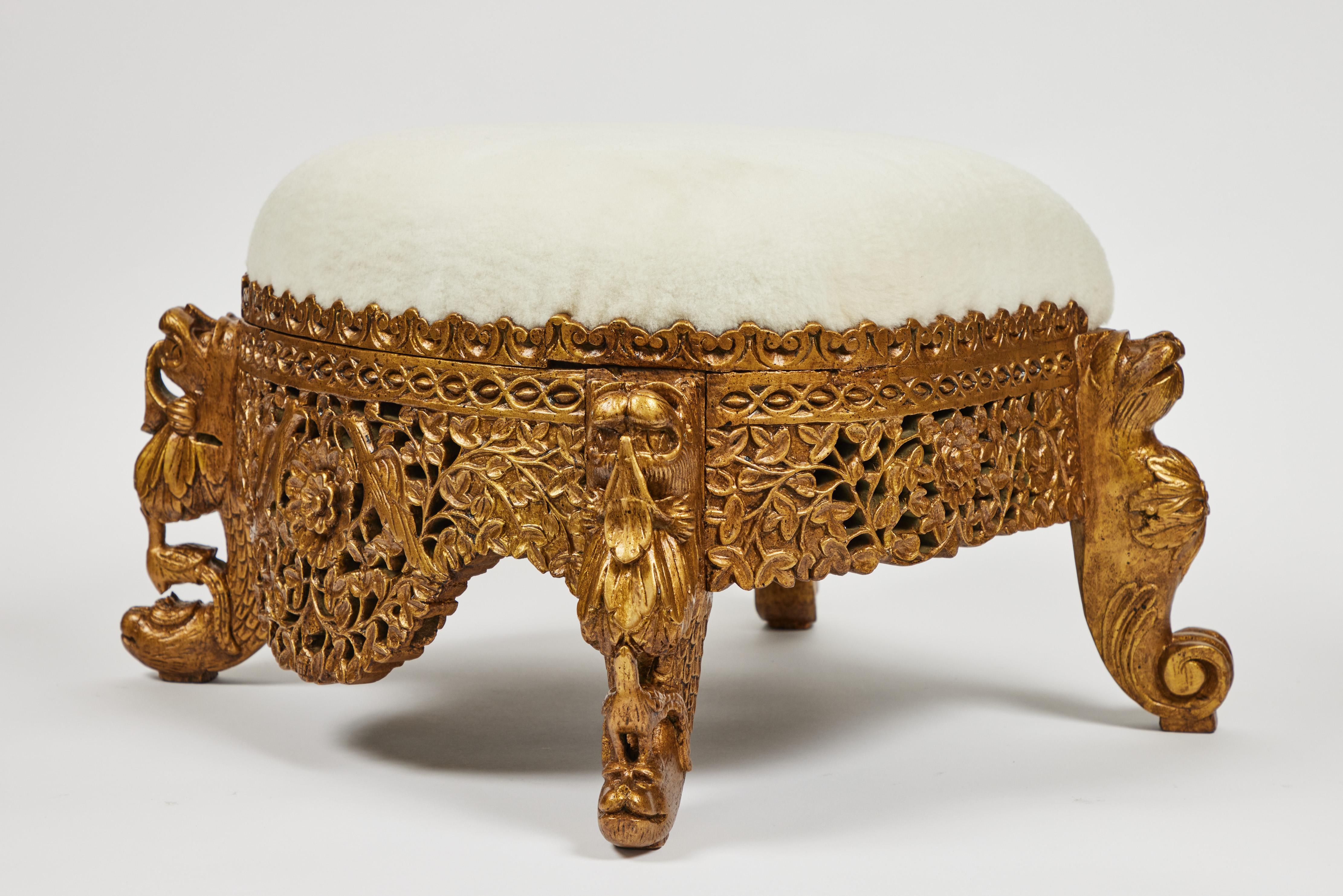 Hand-Carved Vintage Carved Wood Stool Hand Painted Gold Finish + Shearling Cushion