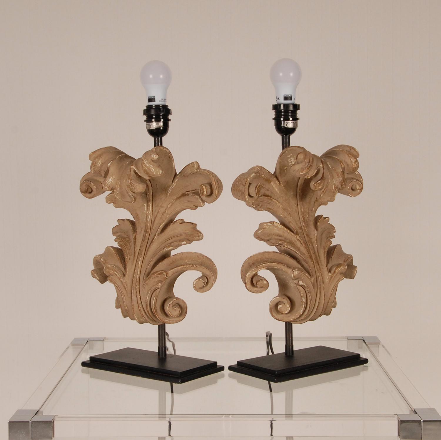 French Country Table Lamps Acanthus Leaf Carved Wood, a Pair 4