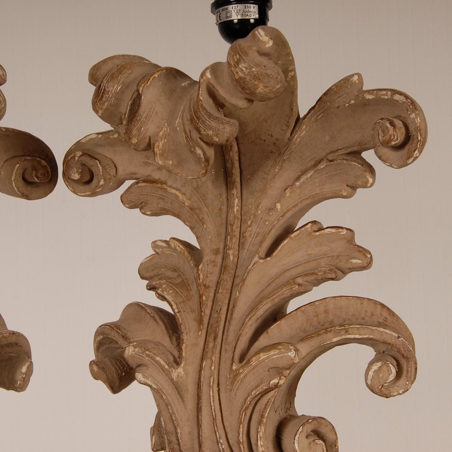 French Country Table Lamps Acanthus Leaf Carved Wood, a Pair 6