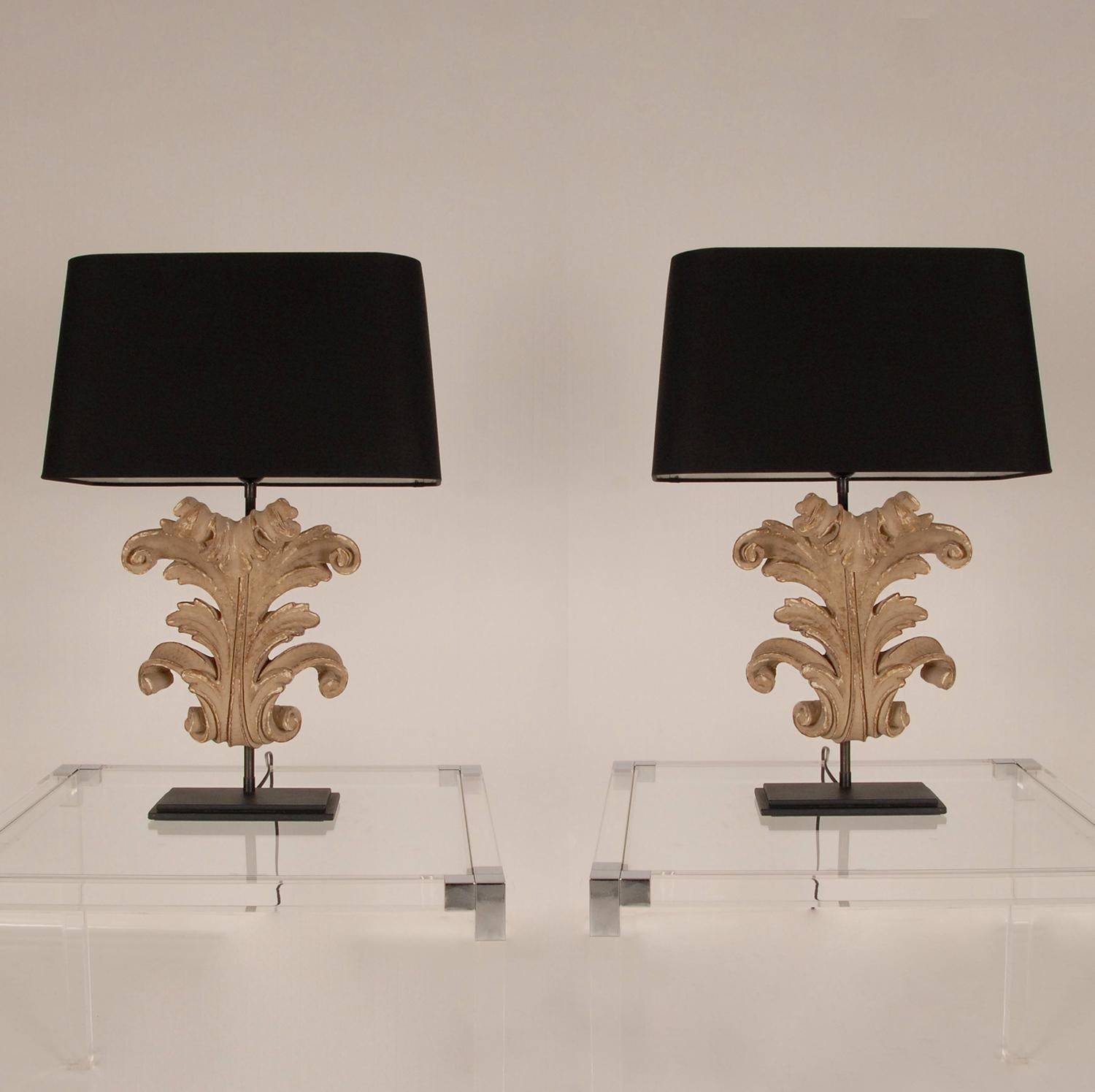 French Country Table Lamps Acanthus Leaf Carved Wood, a Pair 7