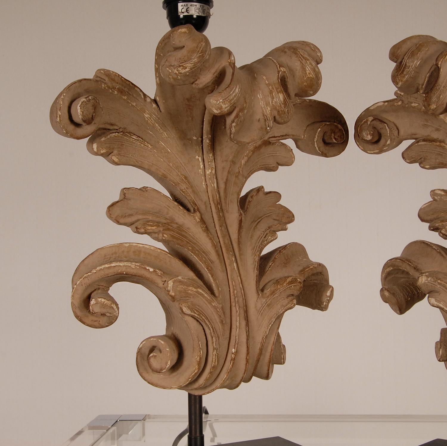 Hand-Carved French Country Table Lamps Acanthus Leaf Carved Wood, a Pair