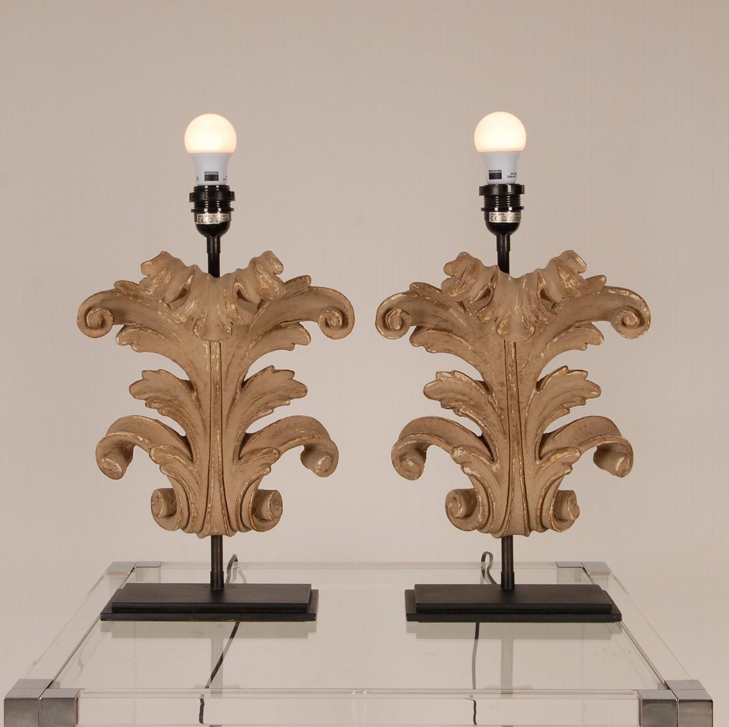 Contemporary French Country Table Lamps Acanthus Leaf Carved Wood, a Pair