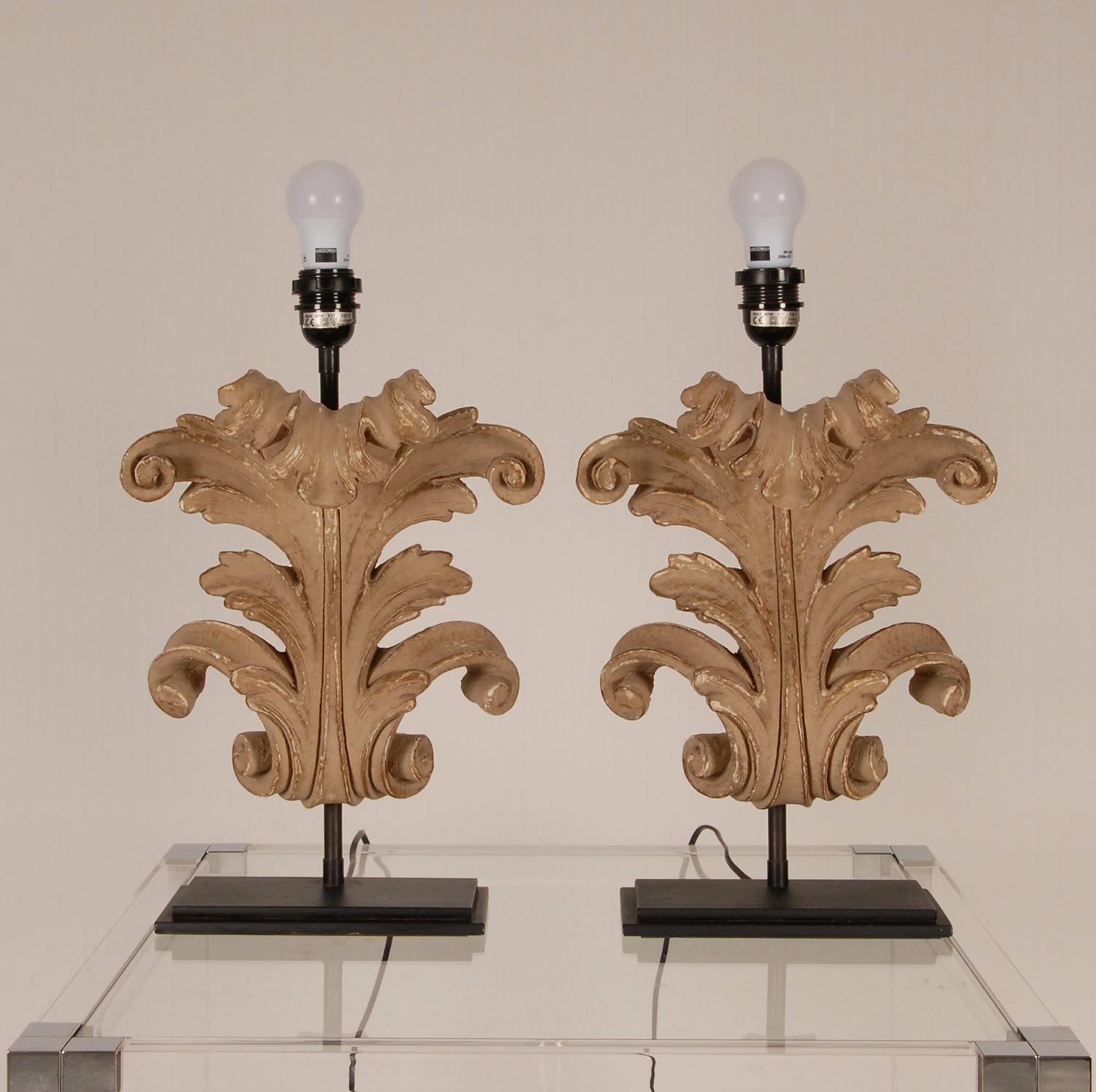 Metal French Country Table Lamps Acanthus Leaf Carved Wood, a Pair