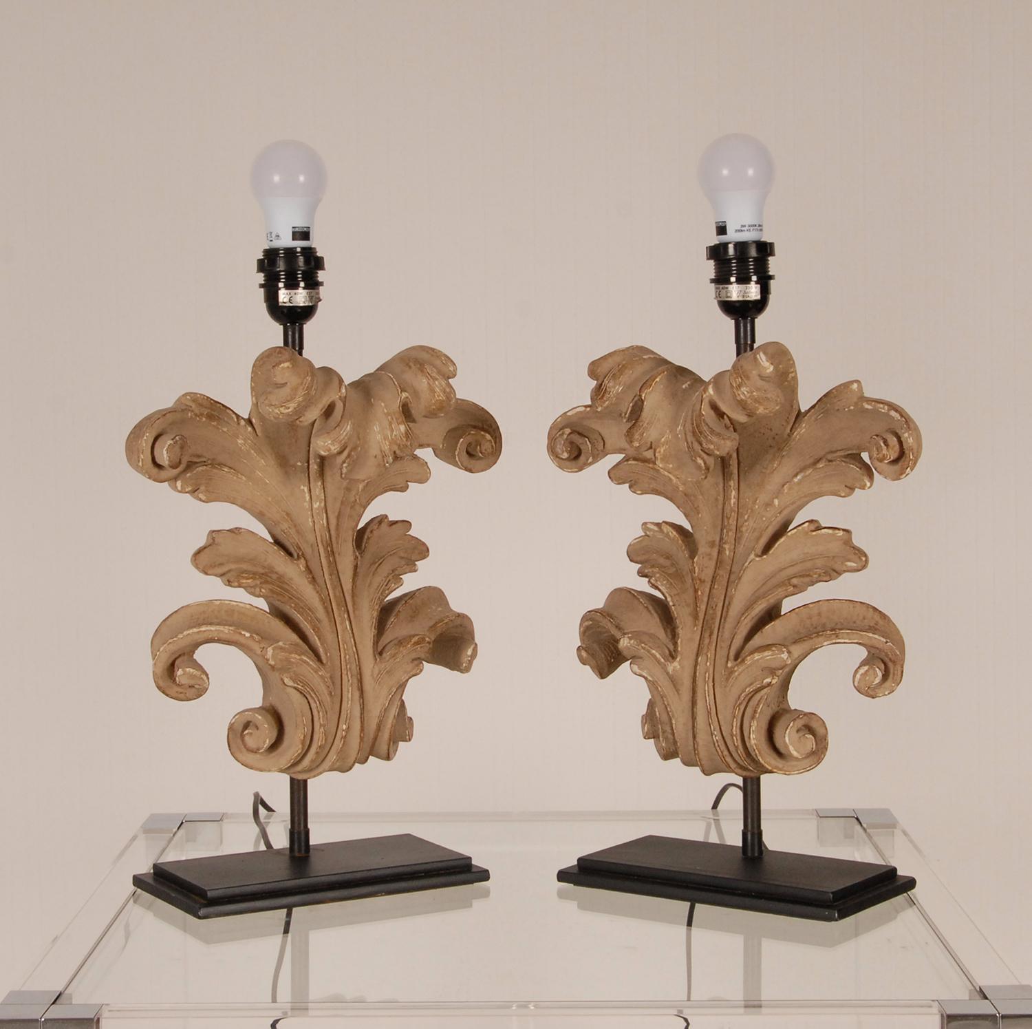 French Country Table Lamps Acanthus Leaf Carved Wood, a Pair 1