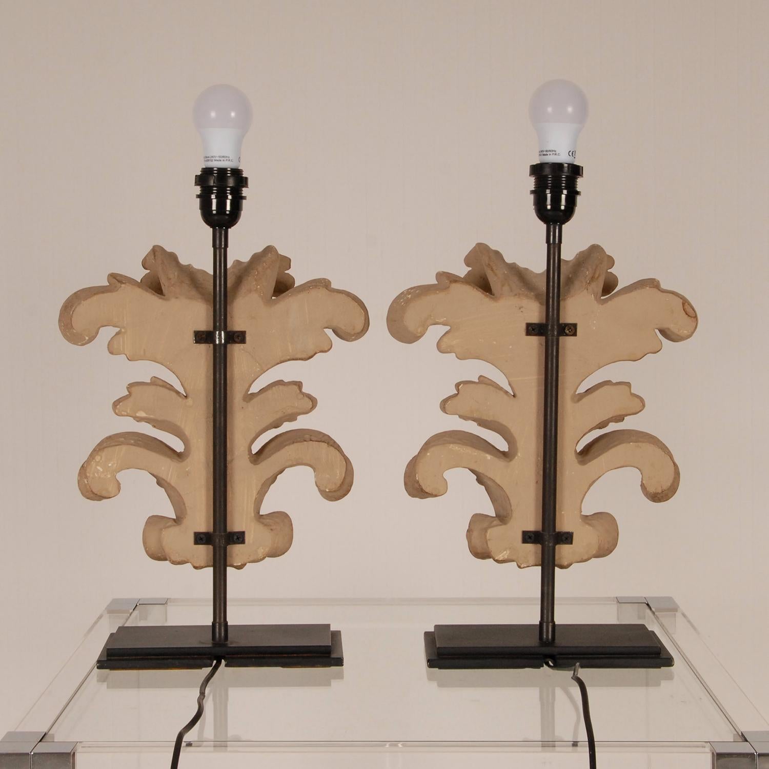 French Country Table Lamps Acanthus Leaf Carved Wood, a Pair 2