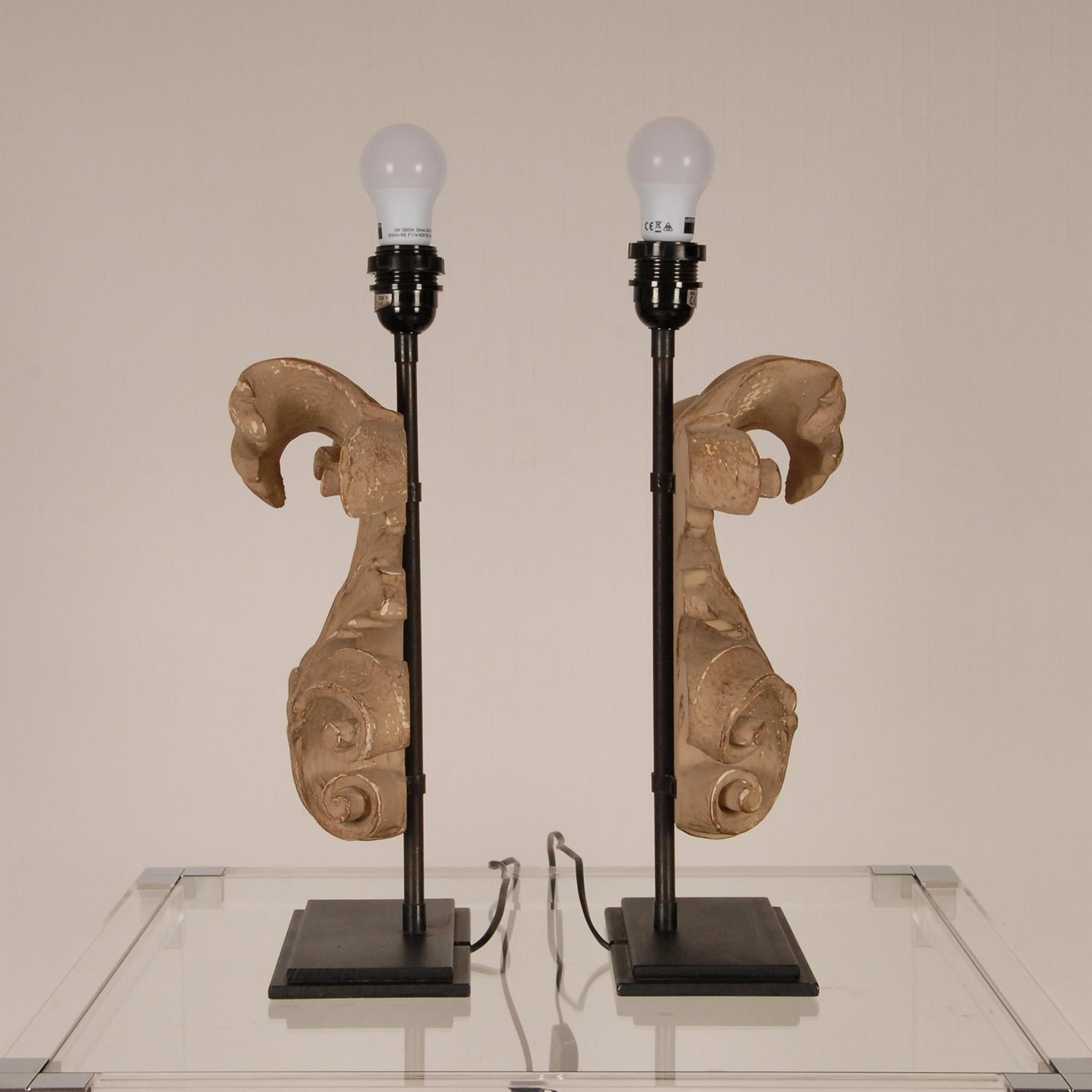 French Country Table Lamps Acanthus Leaf Carved Wood, a Pair 3