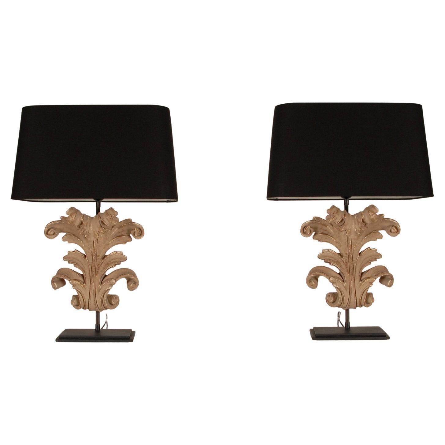 French Country Table Lamps Acanthus Leaf Carved Wood, a Pair