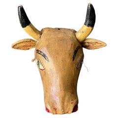 Vintage Carved Wood Tribal Cow Mask