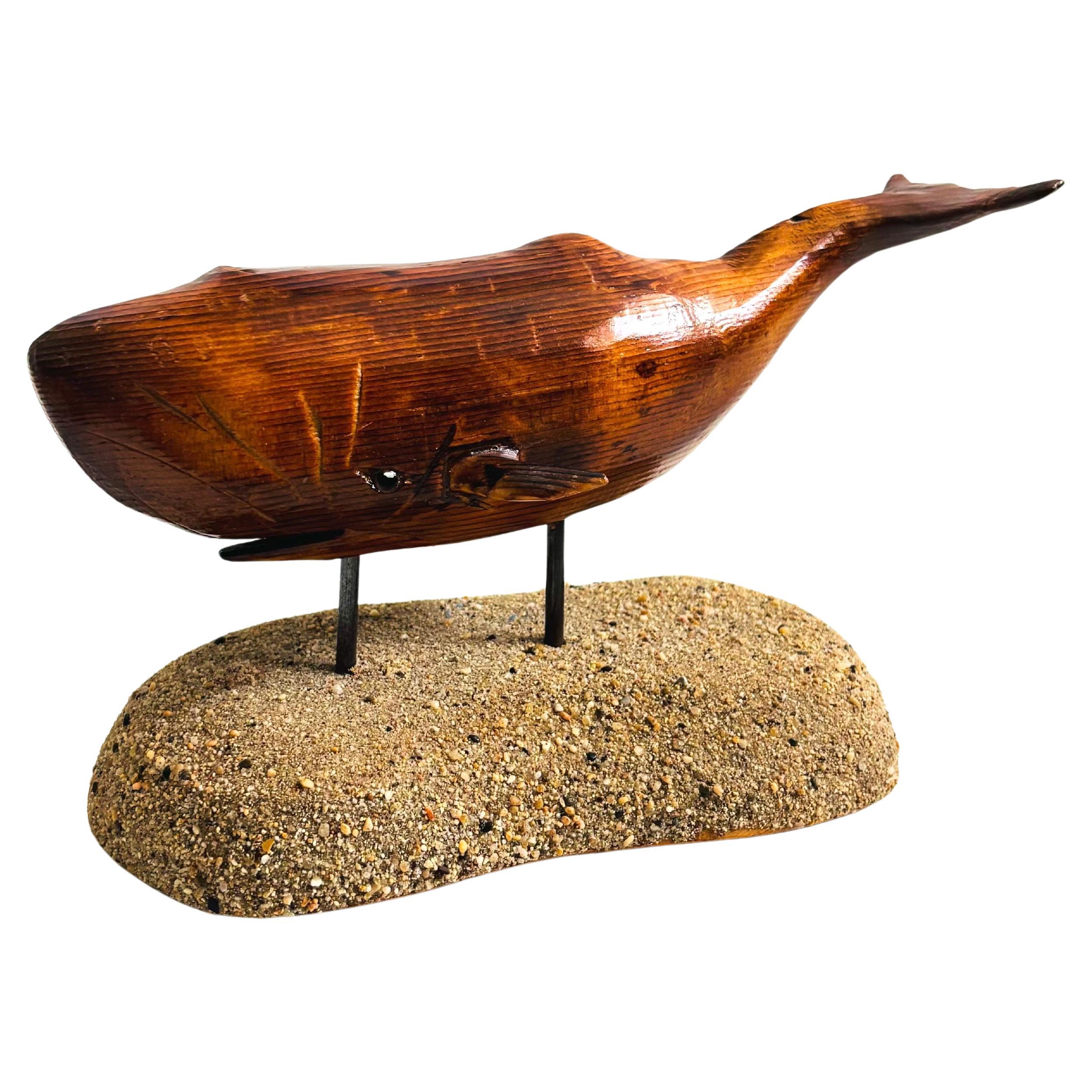 Vintage Carved Wood Whale Sculpture on Stand